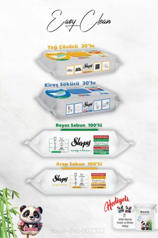 Sleepy 30'lu Kireç ve Yağ Çözücü, Arap ve Beyaz Sabun 100'lü Temizlik Havlusu ve Rosie Hediye