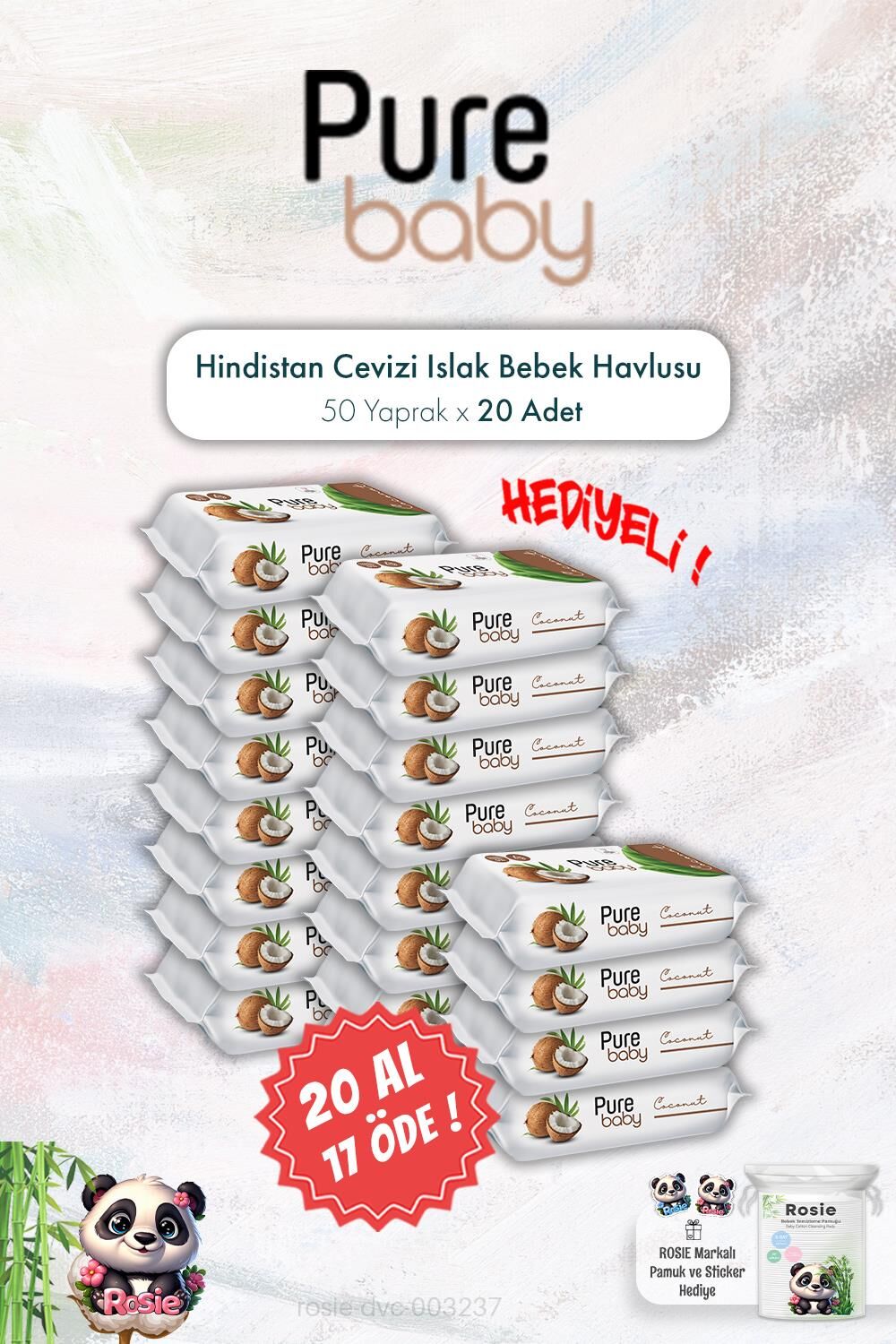 20 AL 17 ÖDE Pure Baby 50'li Hindistan Cevizli Islak Bebek Havlusu ve ROSIE