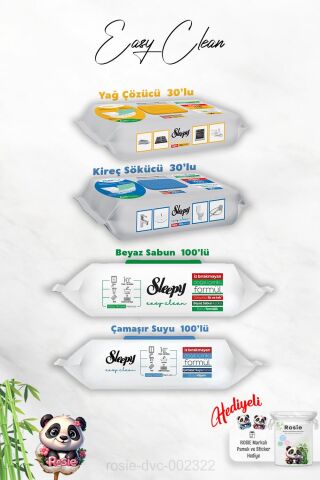 30'lu Sleepy Kireç ve Yağ Çözücü, Çamaşır Suyu ve Beyaz Sabun 100'lü Temizlik Havlusu ve Rosie Hediye