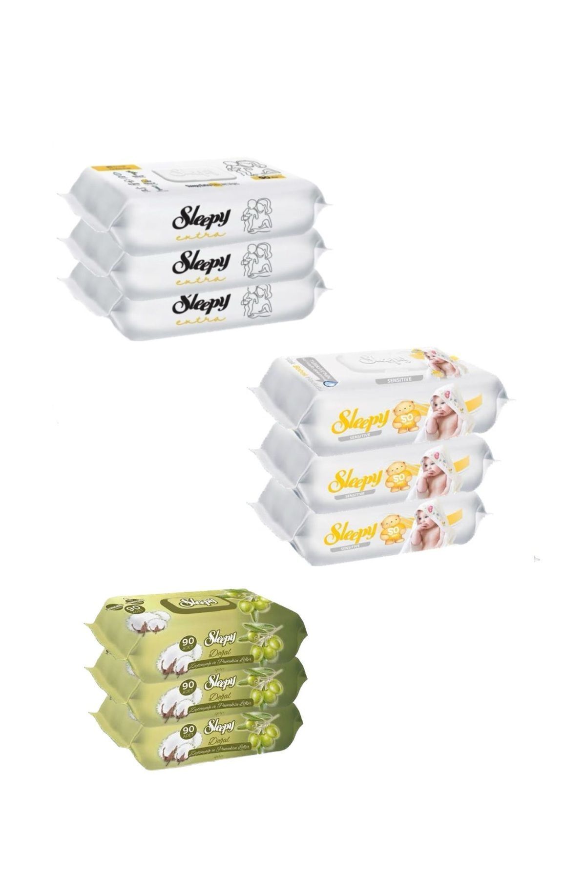 Sleepy sensitive + extra  +  zeytinyağlı 90x9 paket ıslak havlu