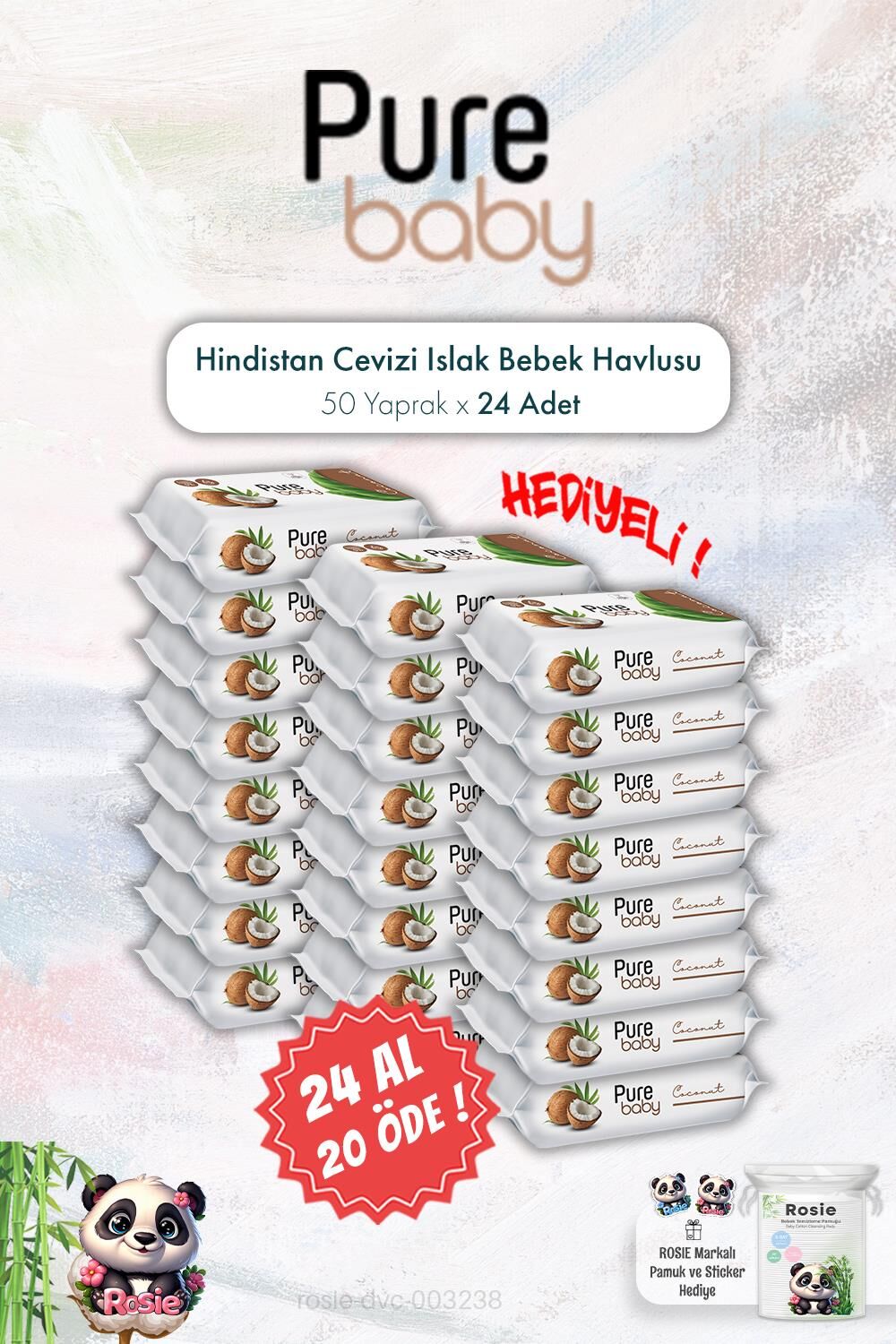 Pure Baby 50'li Hindistan Cevizli Islak Bebek Havlusu 24 AL 20 ÖDE ve ROSIE