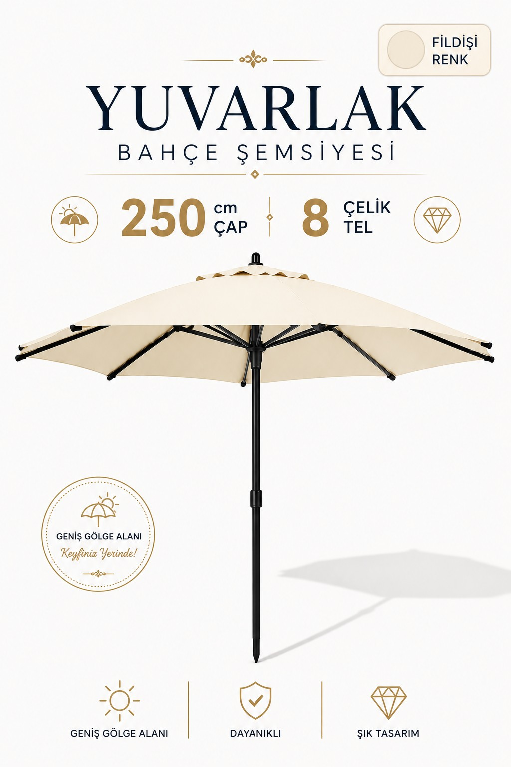 Alubrella Fildişi Renk Yuvarlak 250 cm çap/8 çelik tel Bahçe,Güneş Şemsiyesi BİDONSUZ