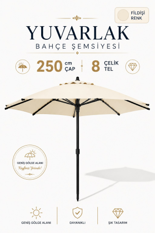 Alubrella Fildişi Renk Yuvarlak 250 cm çap/8 çelik tel Bahçe,Güneş Şemsiyesi BİDONSUZ