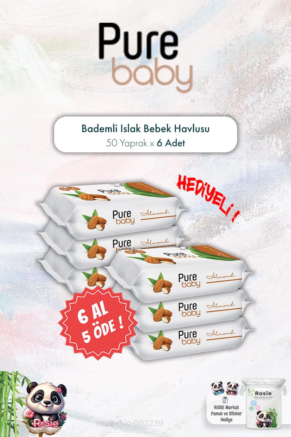 6 AL 5 ÖDE Pure Baby 50'li Bademli Islak Bebek Havlusu ve ROSIE