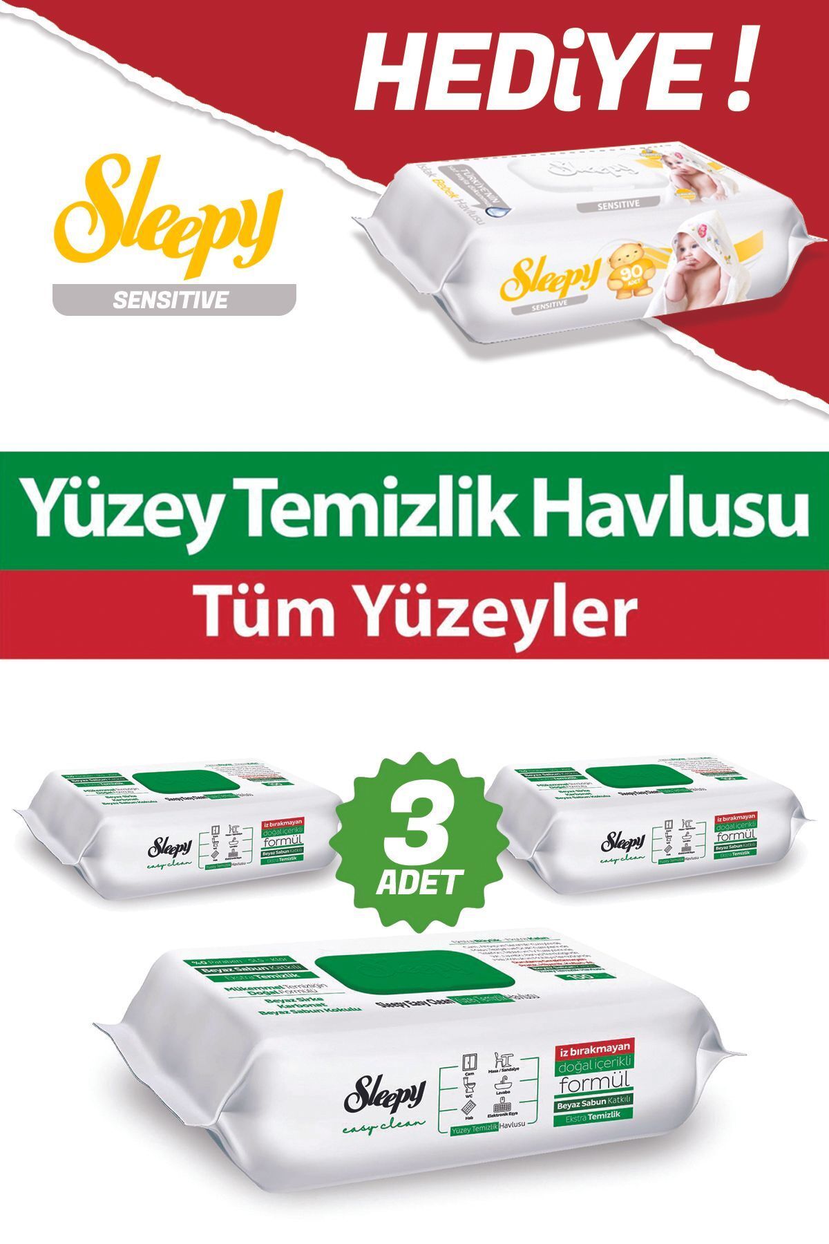 Sleepy Beyaz Sabun Katkılı Easy Clean 3X100 ve Sensitive 90'lı Hediye