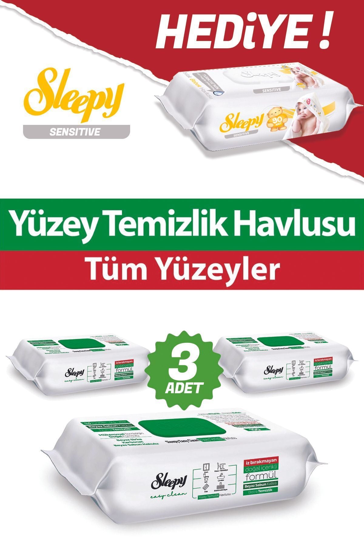 Sleepy Beyaz Sabun Katkılı Easy Clean 3X100 ve Sensitive 90'lı Hediye