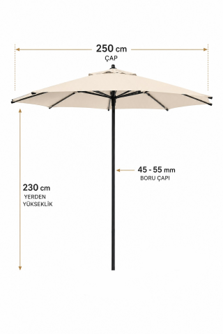 Alubrella Bahçe,Güneş Şemsiyesi Krem Renk Yuvarlak 250 cm çap/8 çelik tel BİDONSUZ