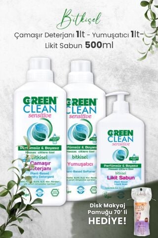 Green Clean Sensıtıve Kokusuz Çamaşır Deterjanı ve Yumuşatıcı 1 L, Likit Sabun 500 ml ve Hediyeli