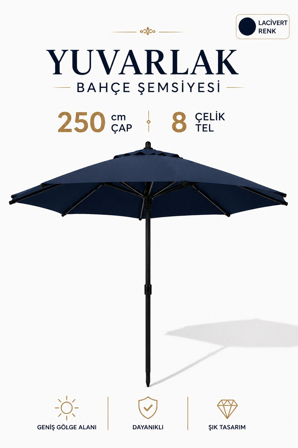 Alubrella Lacivert Bahçe, Güneş Şemsiyesi Yuvarlak 250 cm çap/8 çelik tel BİDONSUZ