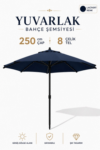 Alubrella Lacivert Bahçe, Güneş Şemsiyesi Yuvarlak 250 cm çap/8 çelik tel BİDONSUZ