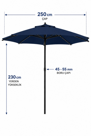 Alubrella Lacivert Bahçe, Güneş Şemsiyesi Yuvarlak 250 cm çap/8 çelik tel BİDONSUZ