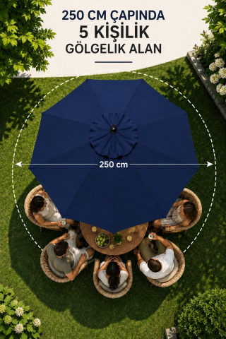 Alubrella Lacivert Bahçe, Güneş Şemsiyesi Yuvarlak 250 cm çap/8 çelik tel BİDONSUZ