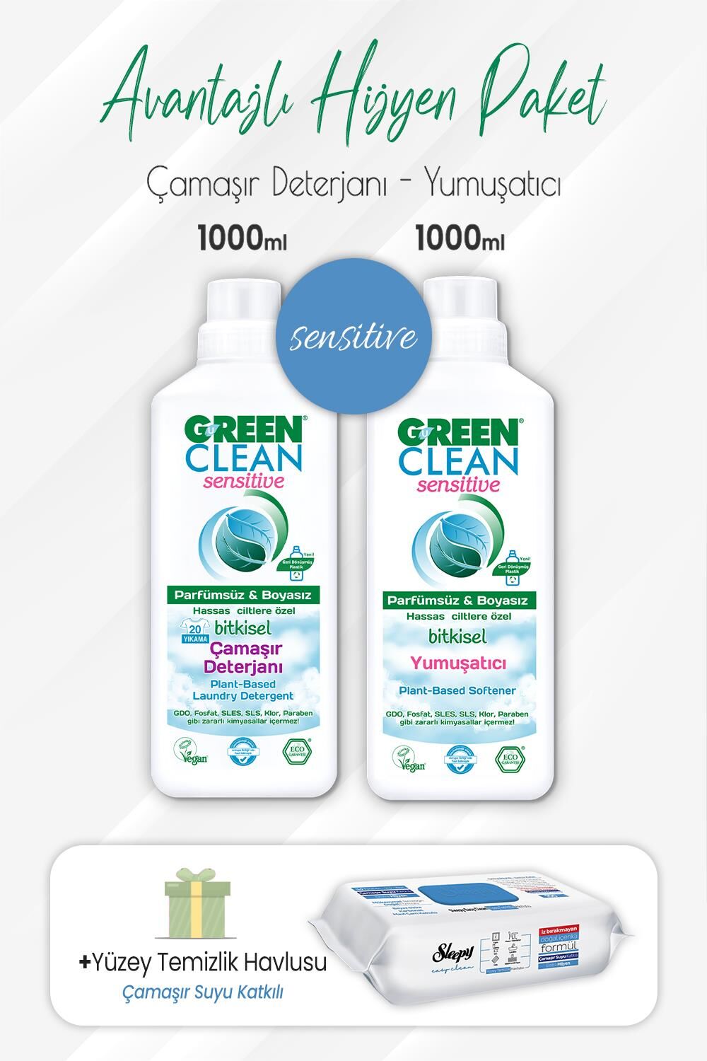 Green Clean Sensitive Deterjan, Yumuşatıcı 1 lt ve Çamaşır Sulu Yüzey Temizlik Havlusu 100' lü