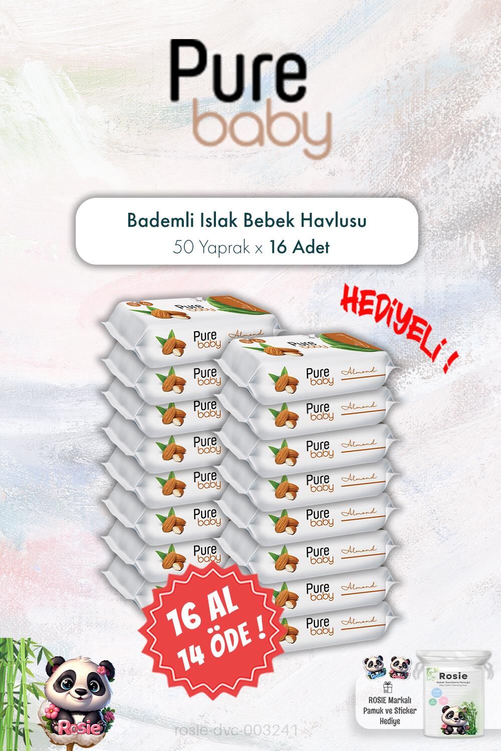 16 AL 14 ÖDE Pure Baby 50'li Bademli Islak Bebek Havlusu ve ROSIE