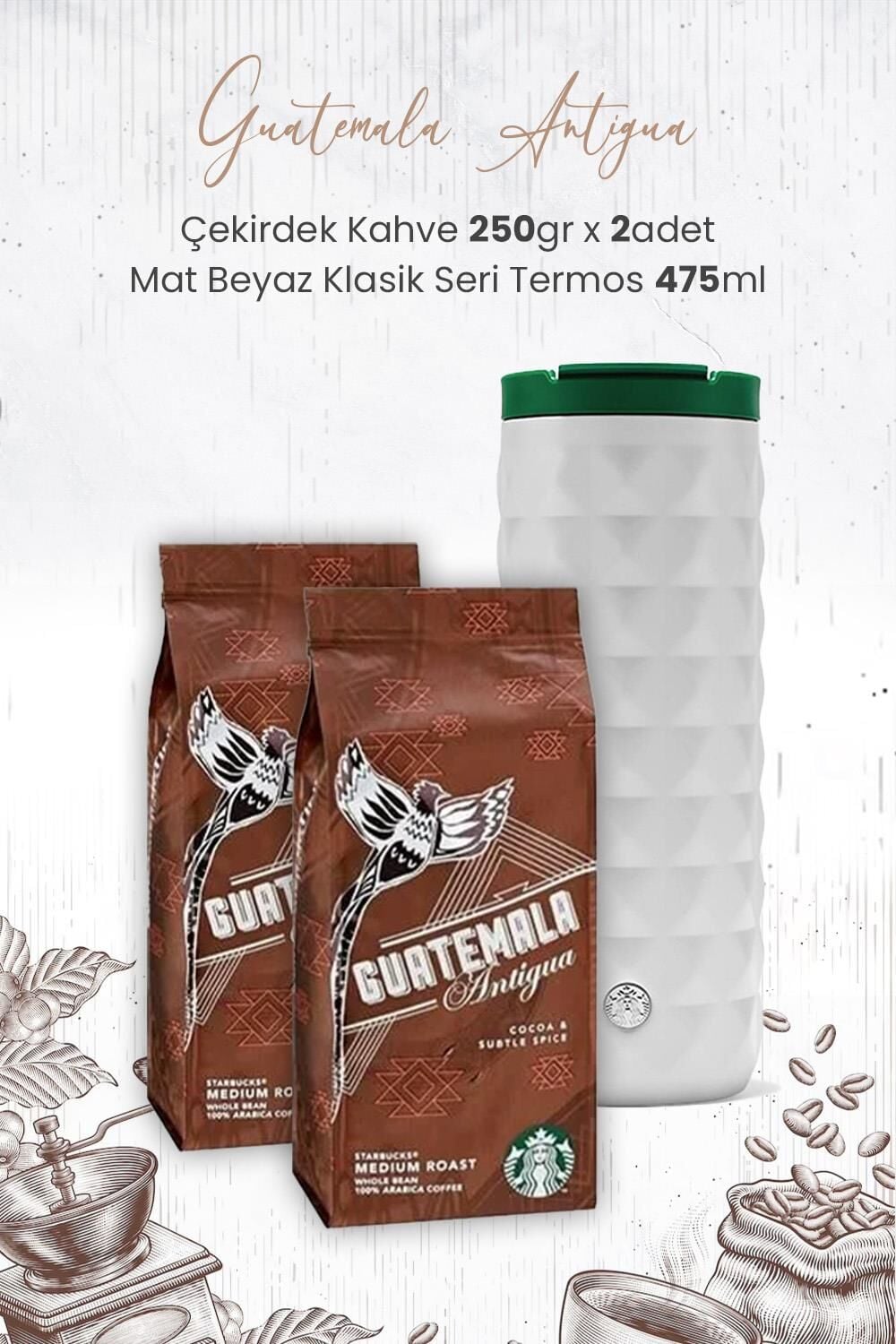 Starbucks Guatemala Antigua Çekirdek Kahve 250 gr x 2 Adet ve Mat Beyaz Termos 473 ml