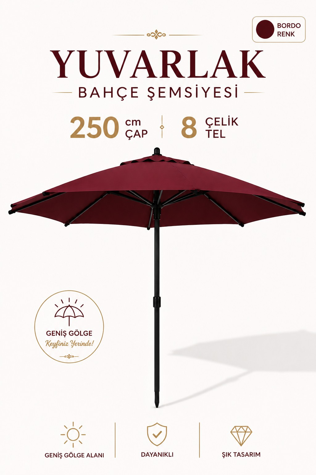Alubrella Yuvarlak Bahçe, Güneş Şemsiyesi Bordo 250 cm çap/8 çelik tel BİDONSUZ
