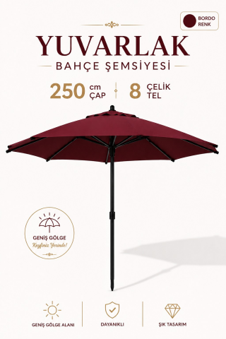 Alubrella Yuvarlak Bahçe, Güneş Şemsiyesi Bordo 250 cm çap/8 çelik tel BİDONSUZ