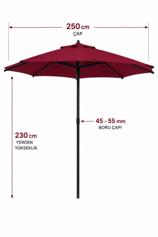 Alubrella Yuvarlak Bahçe, Güneş Şemsiyesi Bordo 250 cm çap/8 çelik tel BİDONSUZ