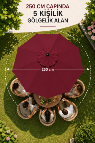 Alubrella Yuvarlak Bahçe, Güneş Şemsiyesi Bordo 250 cm çap/8 çelik tel BİDONSUZ