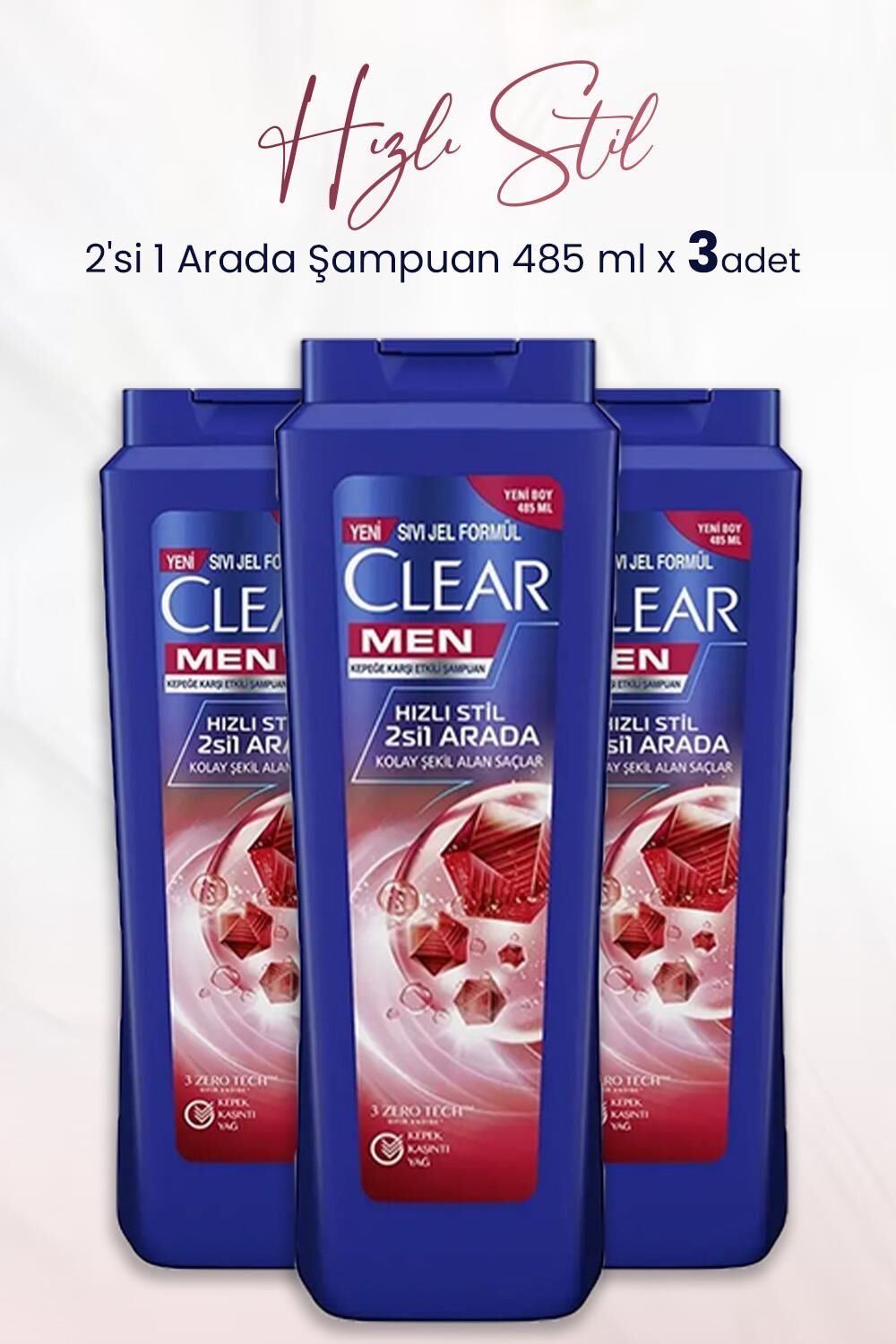 Clear Kepeğe Karşı Etkili Hızlı Stil 2'si 1 Arada Şampuan 485 ml x 3 Adet