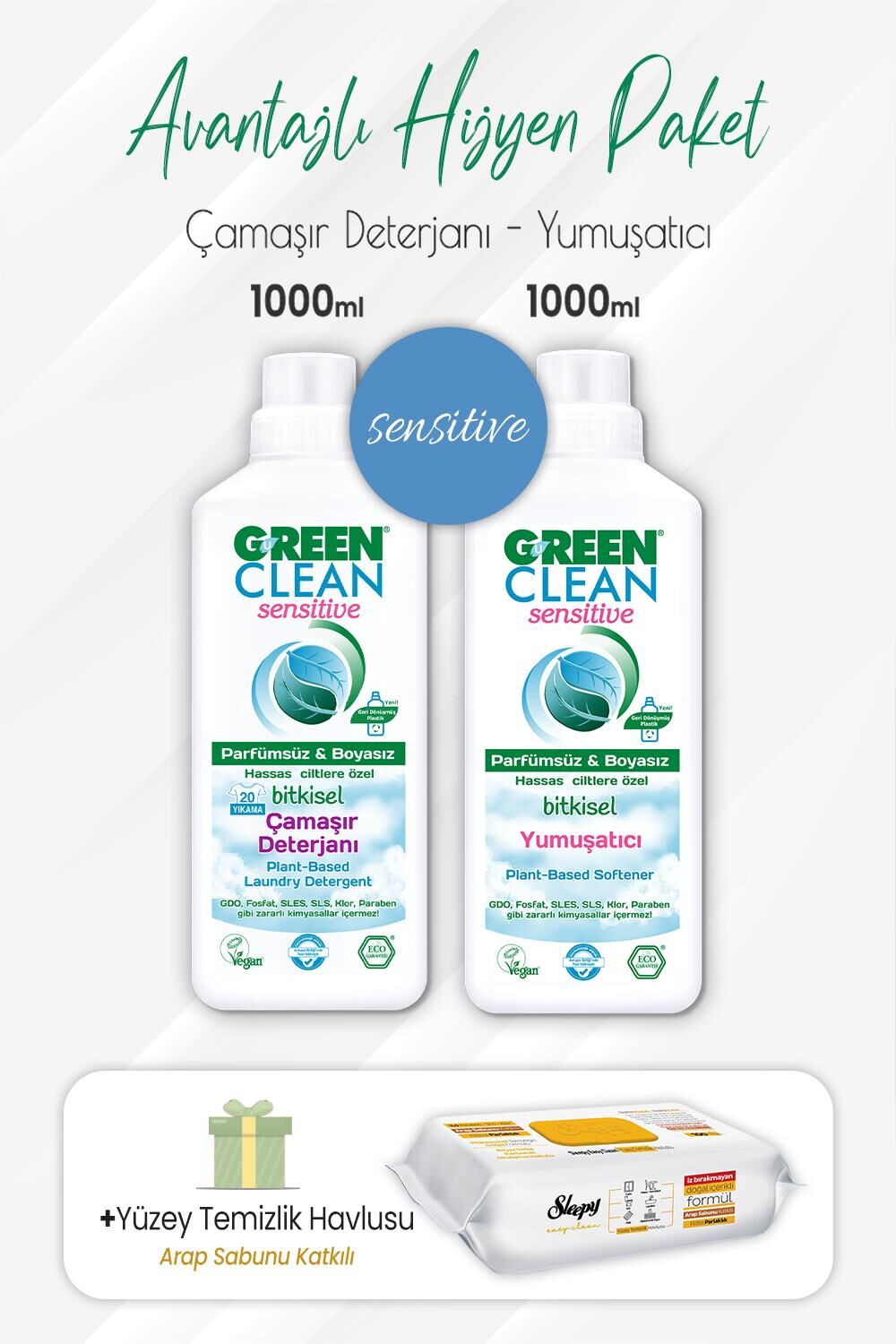 Green Clean Sensitive Deterjan, Yumuşatıcı 1 lt ve Arap Sabunlu Yüzey Temizlik Havlusu 100' lü