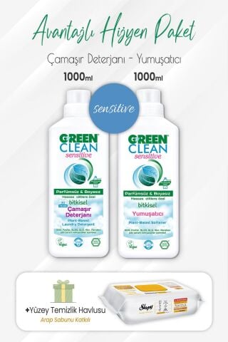 Green Clean Sensitive Deterjan, Yumuşatıcı 1 lt ve Arap Sabunlu Yüzey Temizlik Havlusu 100' lü