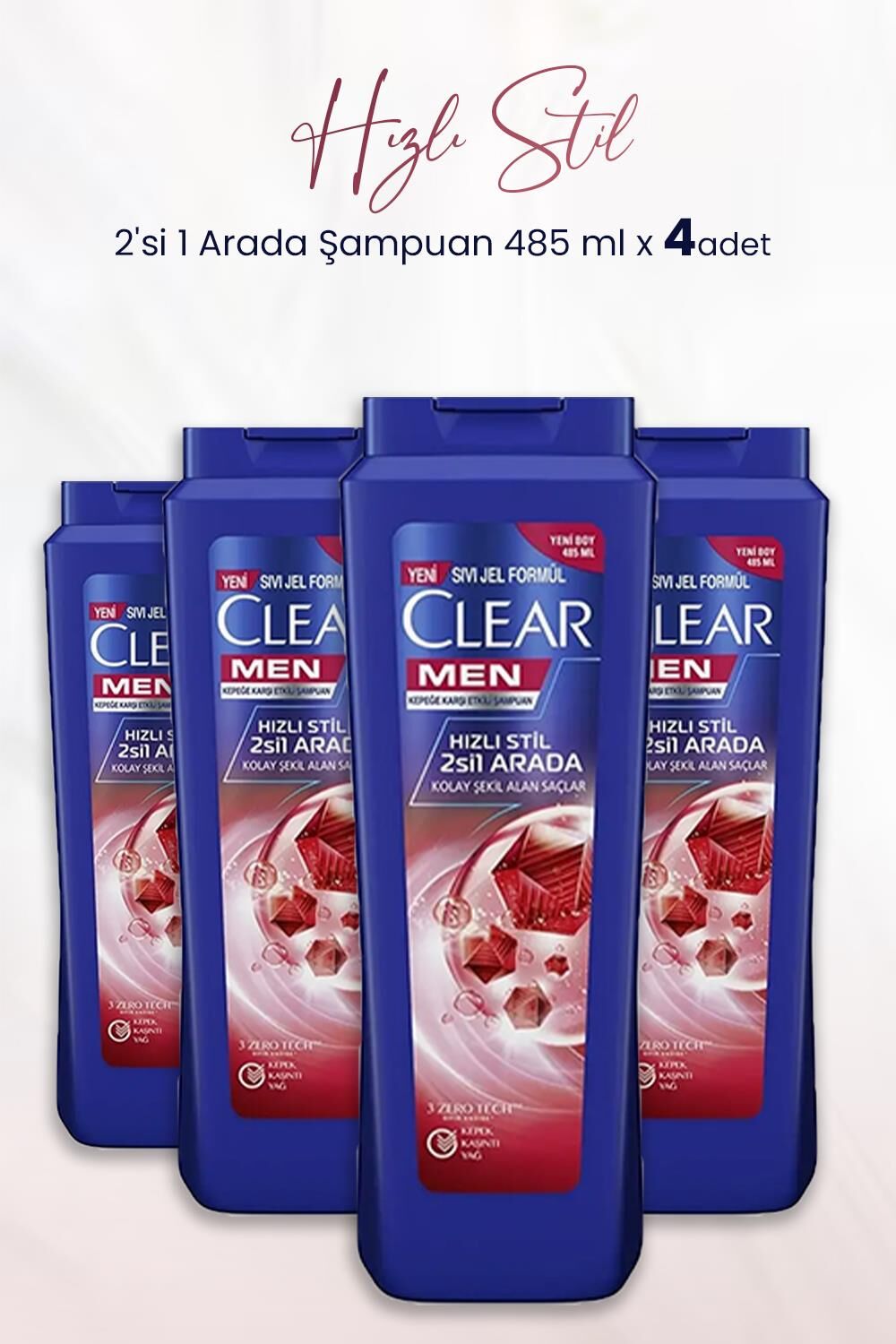 Clear Kepeğe Karşı Etkili Hızlı Stil 2'si 1 Arada Şampuan 485 ml x 4 Adet