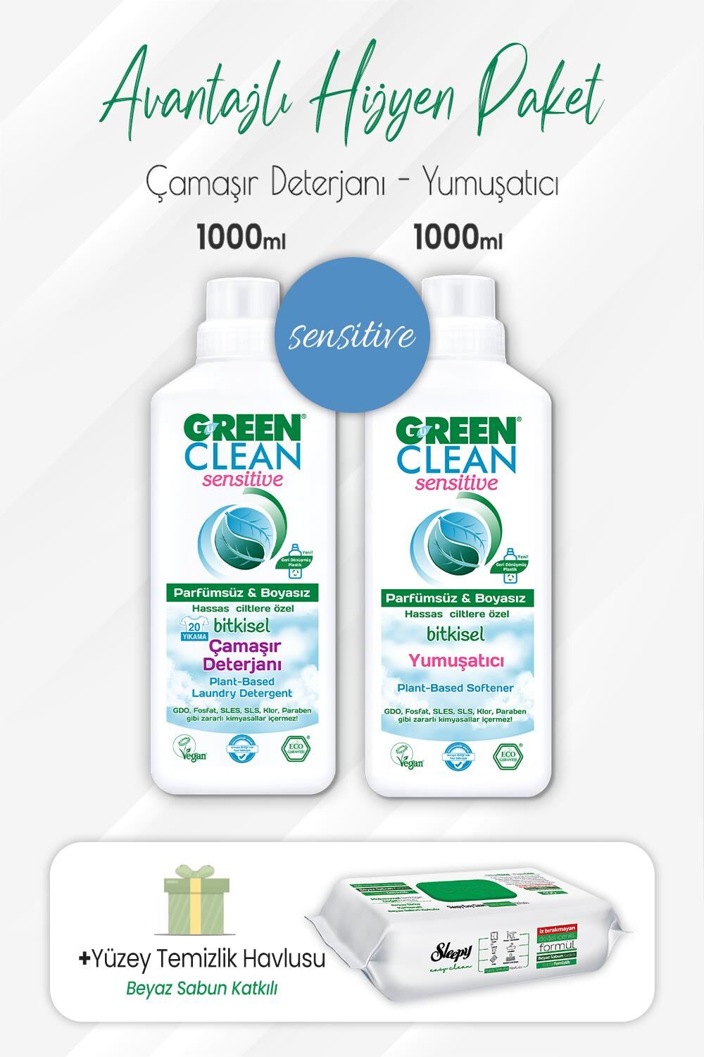 Green Clean Sensitive Deterjan, Yumuşatıcı 1 lt ve Çamaşır Sulu Temizlik Havlusu 100' lü