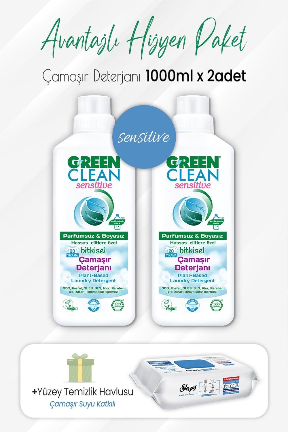 Green Clean Sensitive Yumuşatıcı 1 lt x 2 Adet ve Çamaşır Sulu Temizlik Havlusu 100' lü