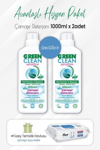 Green Clean Sensitive Yumuşatıcı 1 lt x 2 Adet ve Çamaşır Sulu Temizlik Havlusu 100' lü