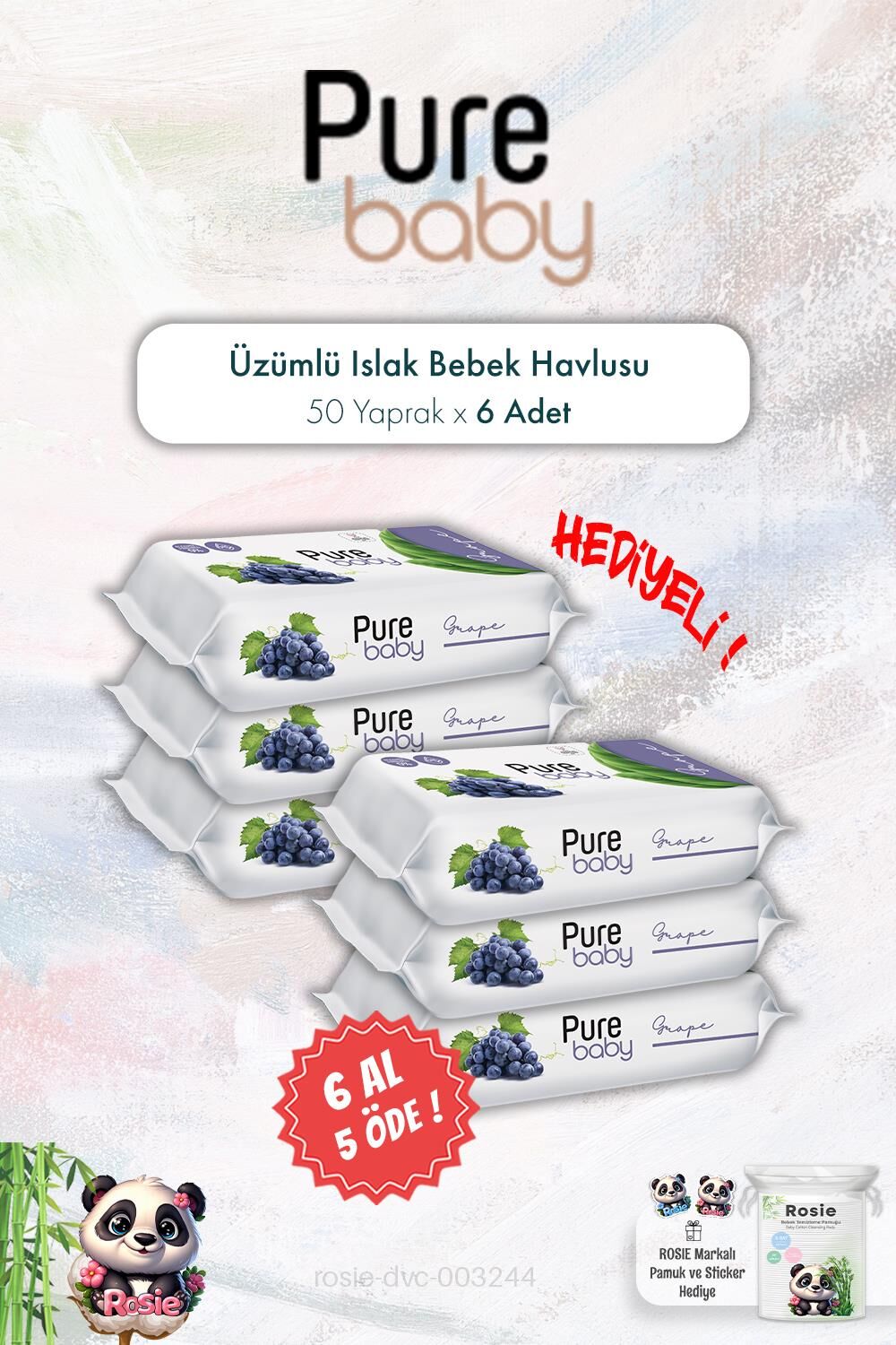 6 AL 5 ÖDE Pure Baby 50'li Üzümlü Islak Bebek Havlusu ve ROSIE