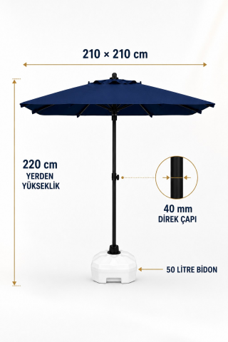 Alubrella 210x210 Lacivert Kare 8 çelik tel Bahçe Şemsiyesi BİDONLU