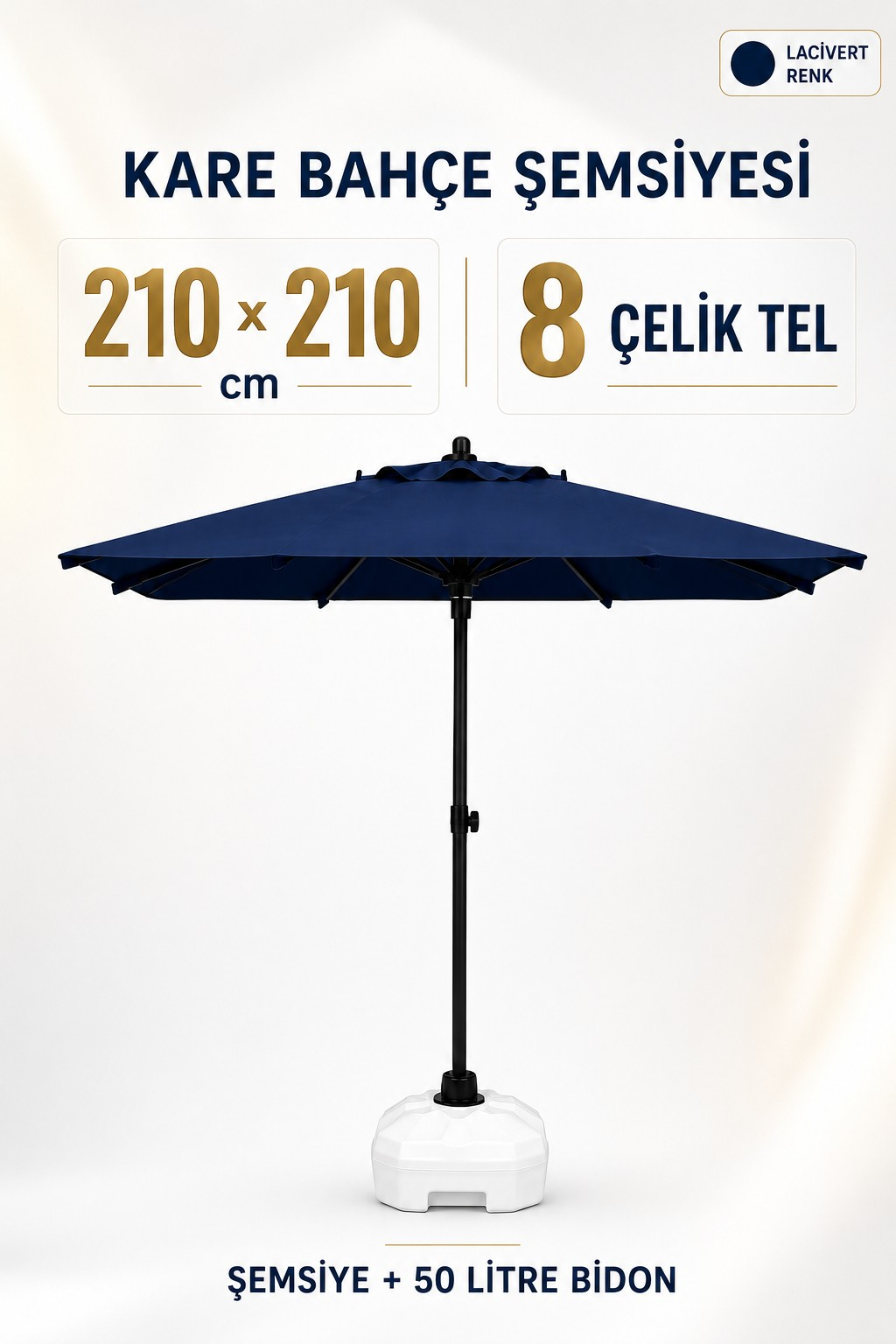 Alubrella 210x210 Lacivert Kare 8 çelik tel Bahçe Şemsiyesi BİDONLU