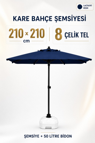 Alubrella 210x210 Lacivert Kare 8 çelik tel Bahçe Şemsiyesi BİDONLU