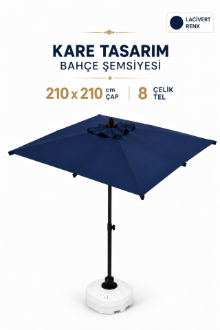 Alubrella 210x210 Lacivert Kare 8 çelik tel Bahçe Şemsiyesi BİDONLU