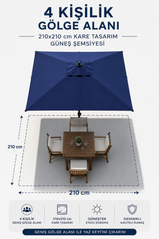 Alubrella 210x210 Lacivert Kare 8 çelik tel Bahçe Şemsiyesi BİDONLU