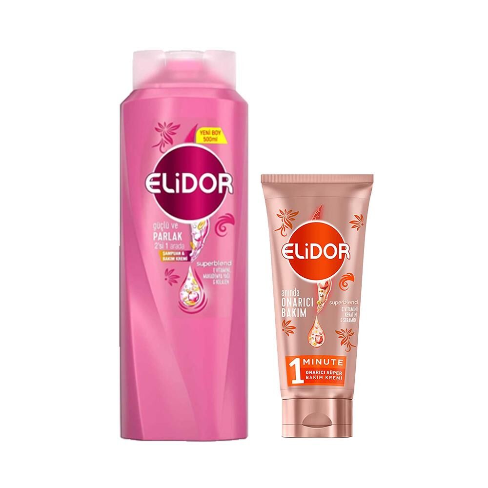 Elidor Superblend Şampuan Güçlü & Parlak 2' si 1 Arada ve Onarıcı Saç Kremi