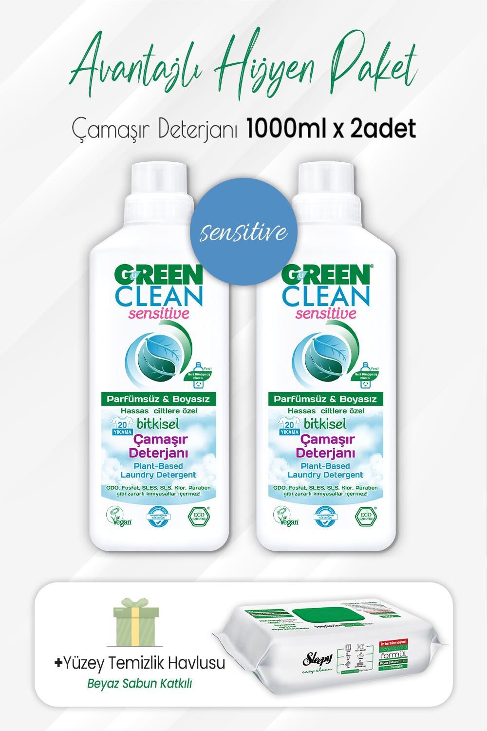 Green Clean Sensitive Çamaşır Deterjan 1 lt x 2 Adet ve Easy Temizlik Havlusu 100' lü