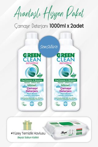Green Clean Sensitive Çamaşır Deterjan 1 lt x 2 Adet ve Easy Temizlik Havlusu 100' lü