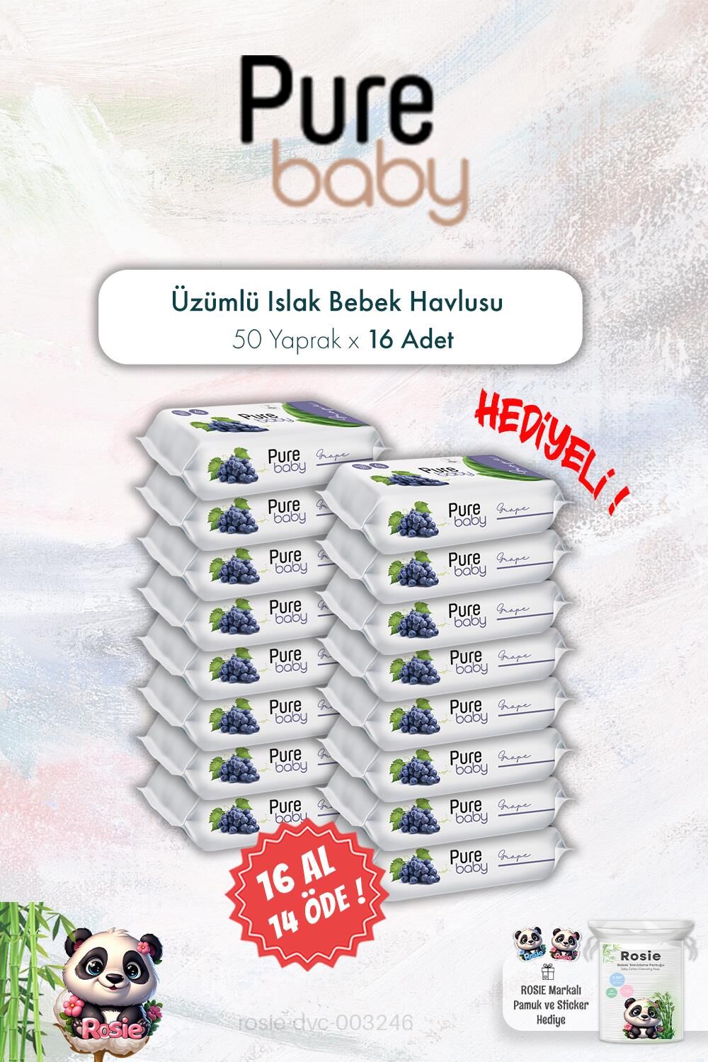 16 AL 14 ÖDE Pure Baby 50'li Üzümlü Islak Bebek Havlusu ve ROSIE