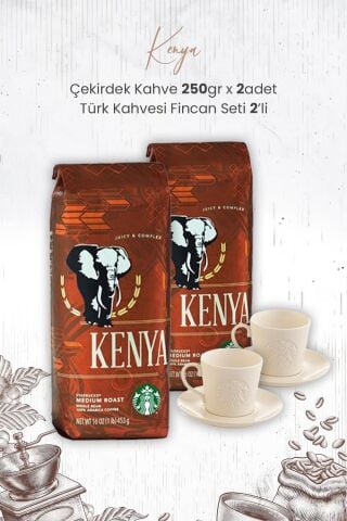 Starbucks Kenya Çekirdek Kahve 250 gr x 2 Adet ve Türk Kahvesi Fincan Seti 2'li