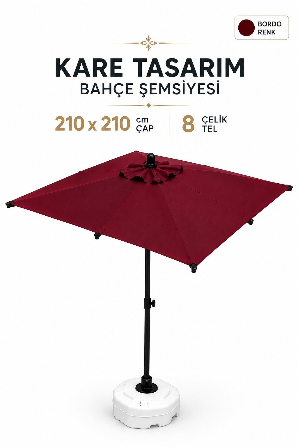 Alubrella Bordo 210x210 Kare 8 çelik tel Bahçe Şemsiyesi BİDONLU