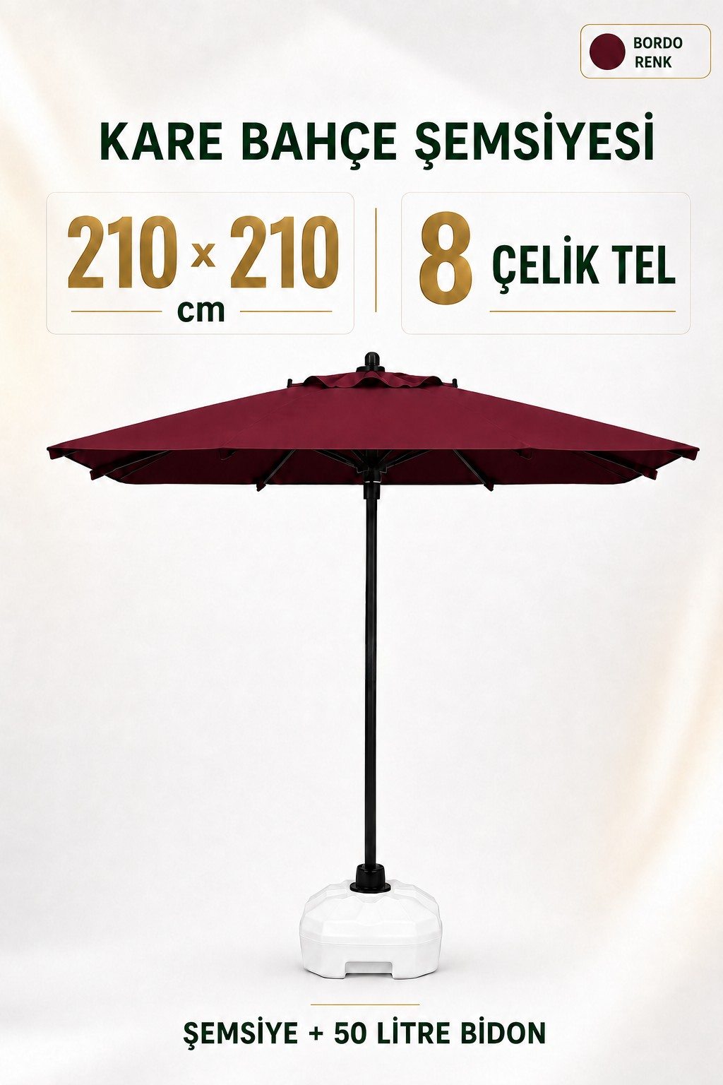 Alubrella Bordo 210x210 Kare 8 çelik tel Bahçe Şemsiyesi BİDONLU