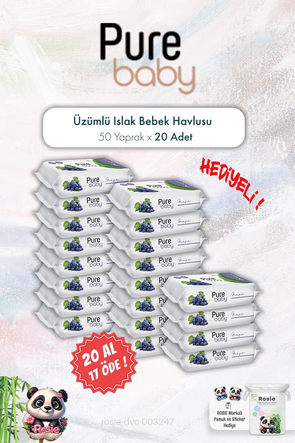 20 AL 17 ÖDE Pure Baby 50'li Üzümlü Islak Bebek Havlusu ve ROSIE