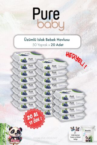 20 AL 17 ÖDE Pure Baby 50'li Üzümlü Islak Bebek Havlusu ve ROSIE