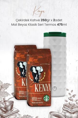 Starbucks Kenya Çekirdek Kahve 250 gr x 2 Adet ve Mat Beyaz Termos 473 ml