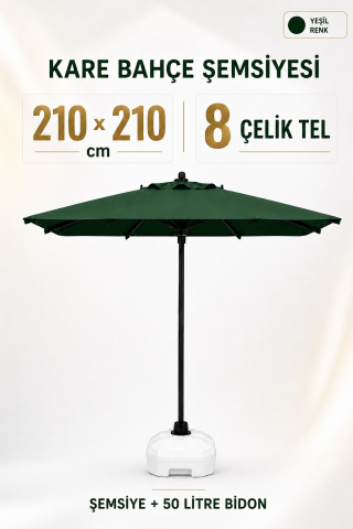 Alubrella Yeşil 210x210 Kare 8 çelik tel Bahçe Şemsiyesi BİDONLU