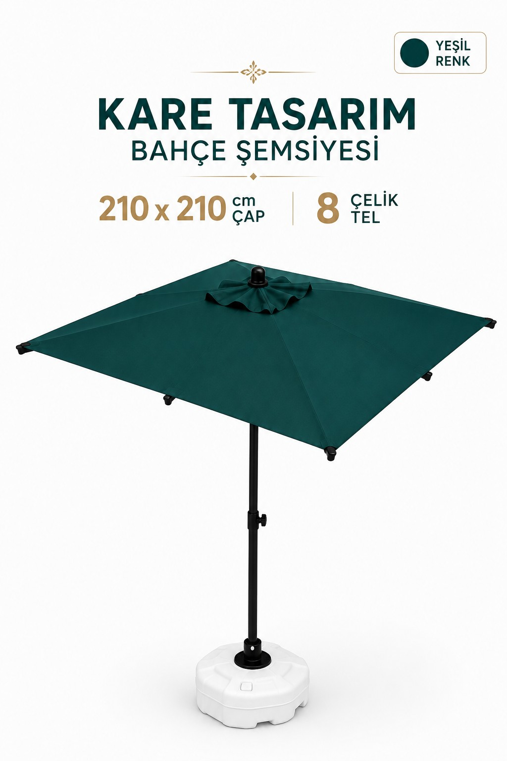 Alubrella Yeşil 210x210 Kare 8 çelik tel Bahçe Şemsiyesi BİDONLU
