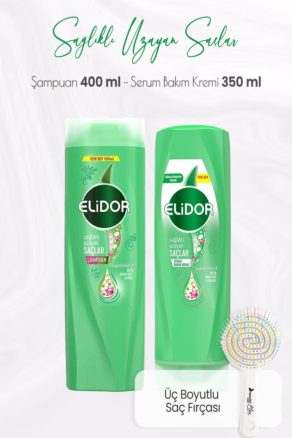 Elidor Superblend Sağlıklı Uzayan Saçlar Şampuan 400 ml, Serum Bakım Kremi 350 ml ve Üç Boyutlu Saç Fırçası