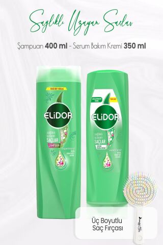Elidor Superblend Sağlıklı Uzayan Saçlar Şampuan 400 ml, Serum Bakım Kremi 350 ml ve Üç Boyutlu Saç Fırçası